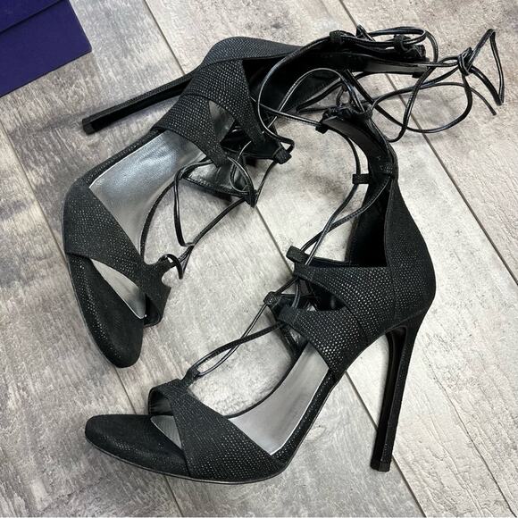 STUART WEITZMAN Legwrap Black Goose Bump Stiletto Sandal Heels with Box 8.5 - Picture 5 of 15